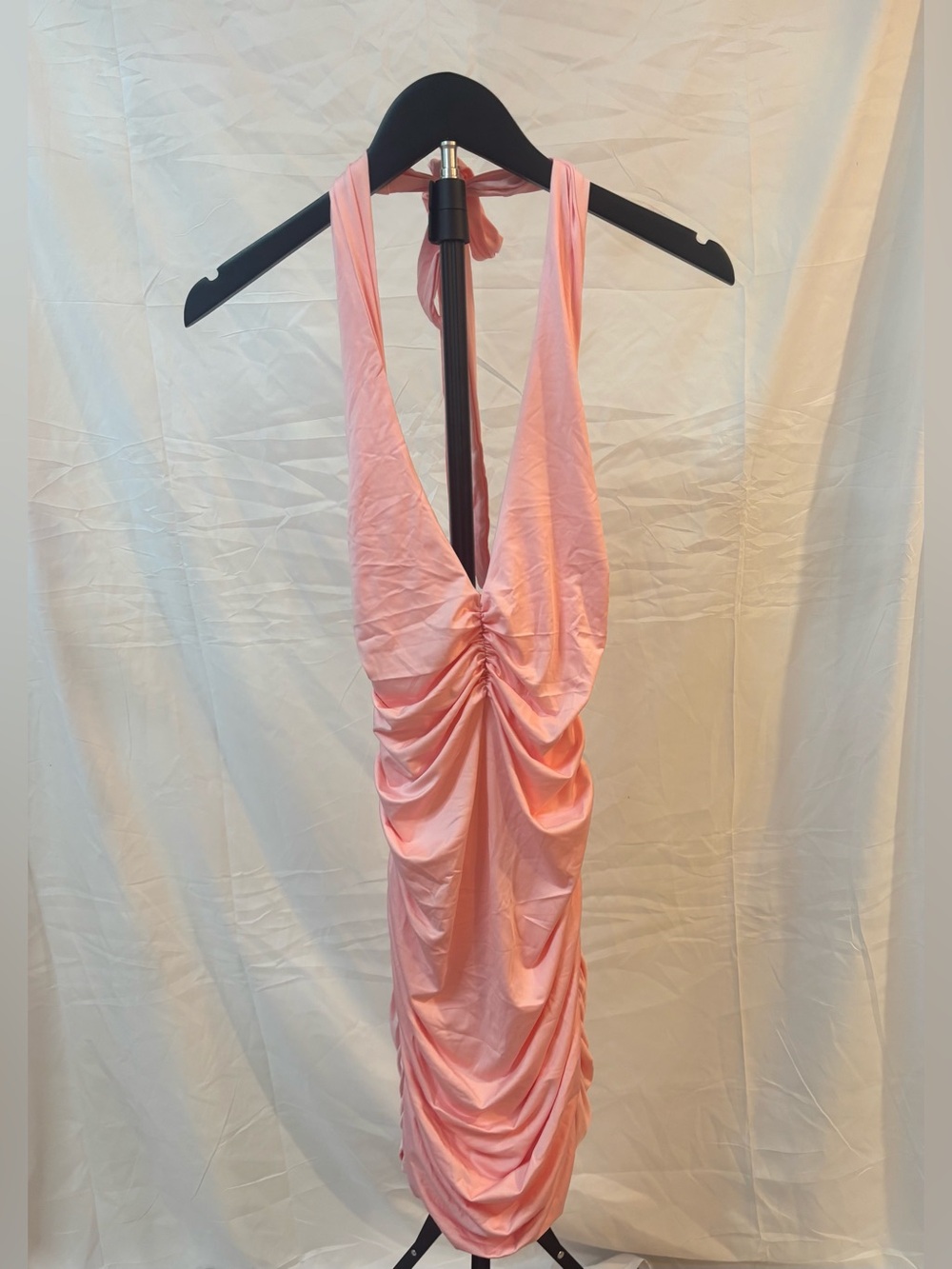 Pink Satin Ruched Halter Mini Dress – Size Small